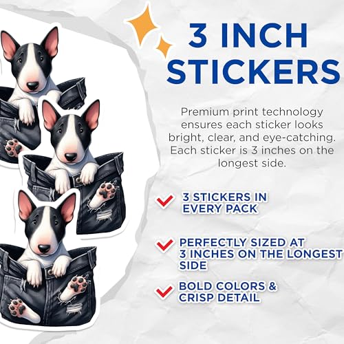 (3 Pack) Bull Terrier Decals - Pocket Dog Sticker - Puppy Love Laptop Decal - 3 Inches On Longest Side - Easy Peel & Apply - Made in USA - 3MCS2729