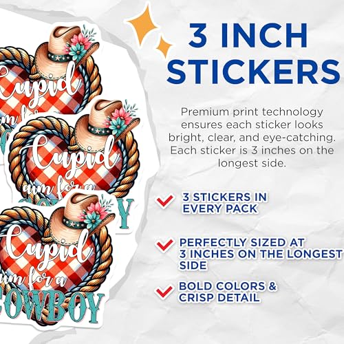 (3 Pack) Cupid Cowboy Decals - Western Valentines - Rodeo Decal - 3 Inches On Longest Side - Easy Peel & Apply - Made in USA - 3MCS1929
