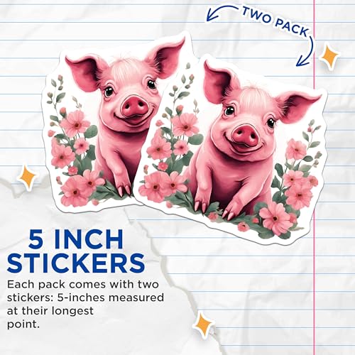 (2 Pack) Cute Pig Stickers - Animal Illustration Stickers - Farm Animal Decor Stickers - 5" On Longest Side - Sticks to Any Smooth Flat Surface - Made in USA - BMCS3411