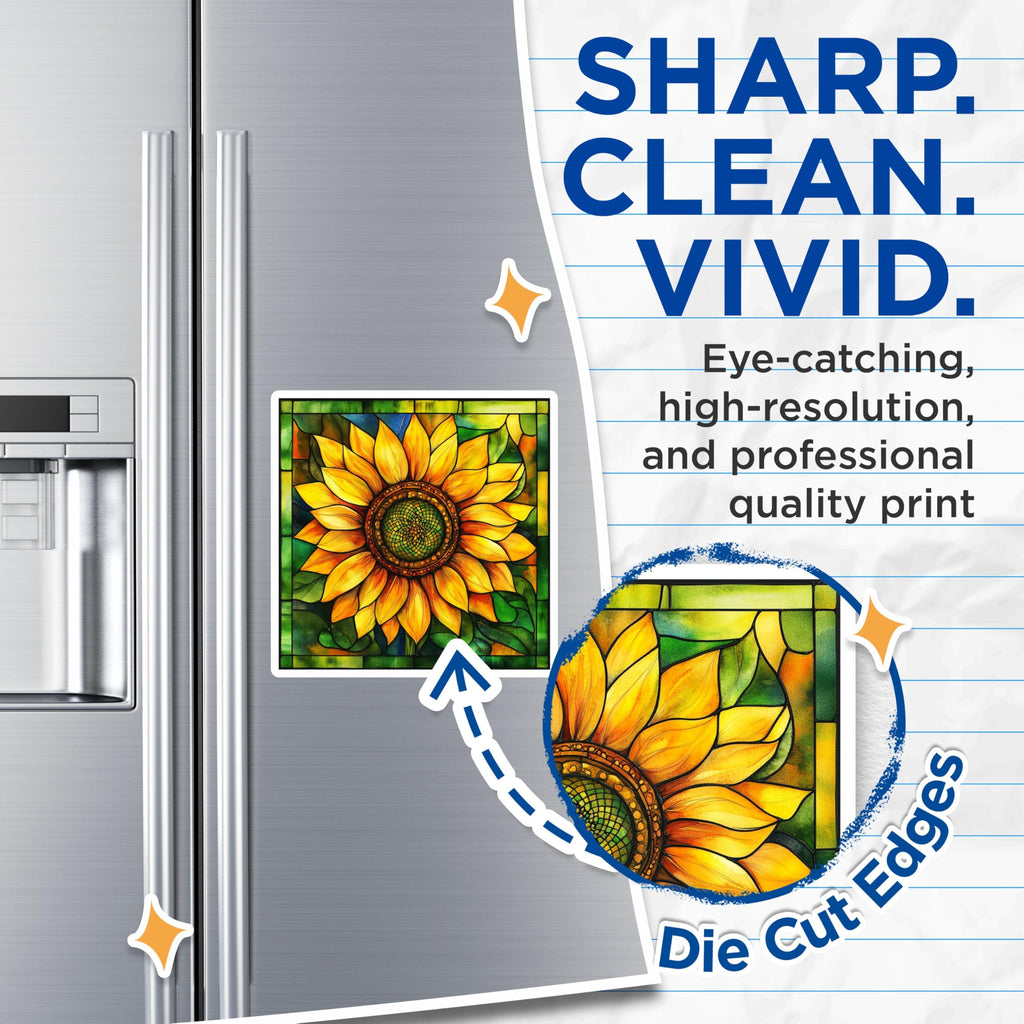 (2 Pack) Stained Glass Sunflower Magnets - Floral Refrigerator Decor - Botanical Kitchen Accents - 5 Inches On Longest Side - Thick Durable Magnet - Made in USA - MAG27374