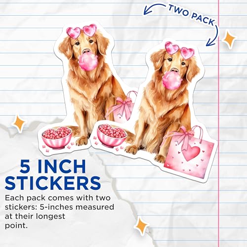 (2 Pack) Cute Dog Stickers - Pink Heart Stickers - Dog Lover Stickers - 5" On Longest Side - Sticks to Any Smooth Flat Surface - Made in USA - BMCS3478