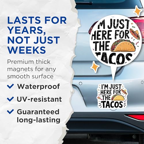 (2 Pack) I'm Just Here for The Tacos Magnets - Taco Lover Kitchen Decor - Cinco de Mayo Celebration - 5" On Longest Side - for Cars, Fridges, Toolboxes - Made in USA - MAG5635