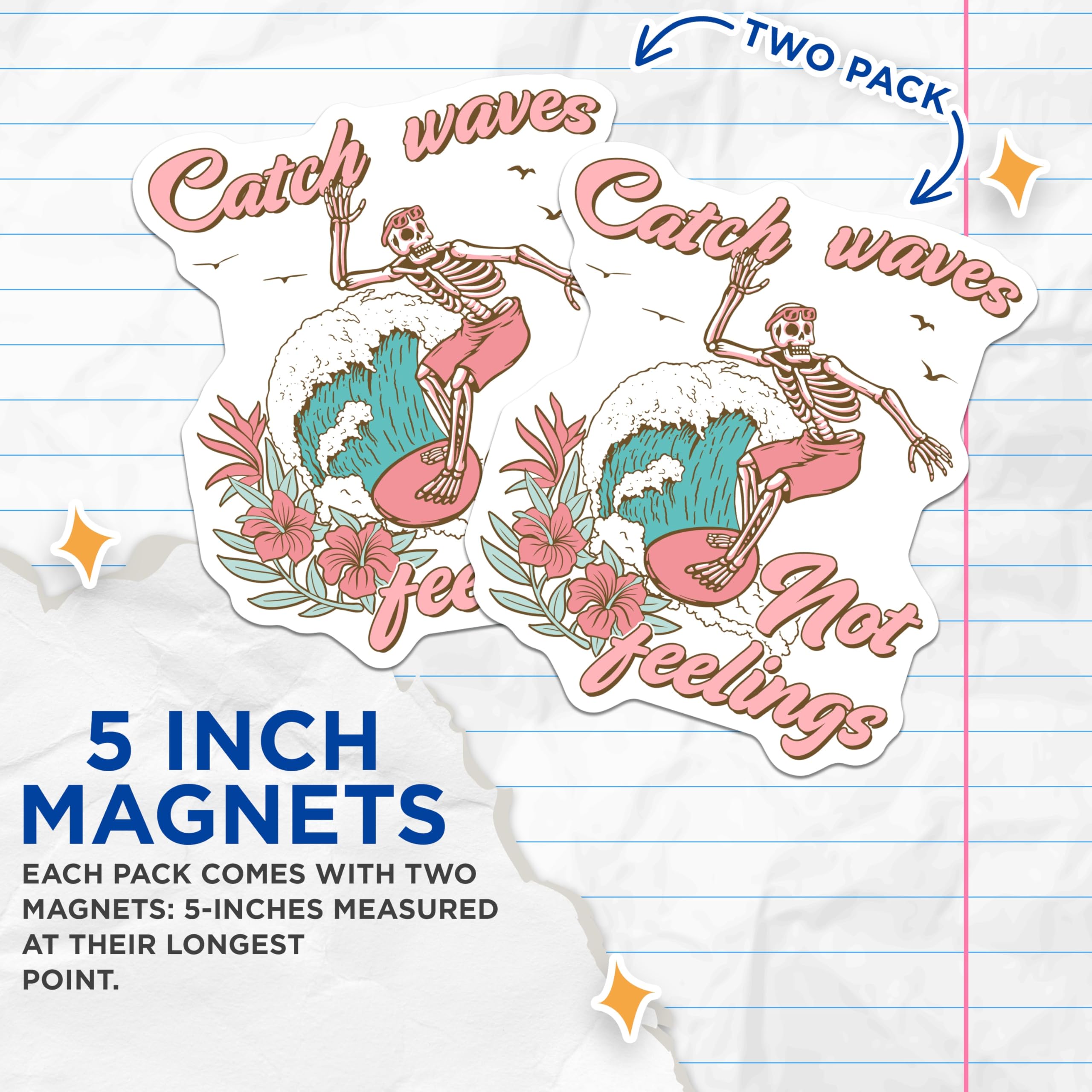 (2 Pack) Surfing Skeleton Magnets - Catch Waves Not Feelings - Tropical Beach Decor - Funny Surfer Art - 5 Inches On Longest Side - Thick Durable Magnet - Made in USA - MAG19039