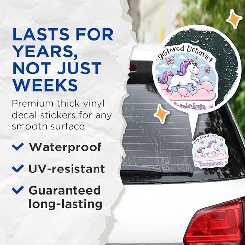 (2 Pack) Registered Behavior Technician Stickers - Fun Unicorn Stickers - Cute Job Title Stickers - 5" On Longest Side - Sticks to Any Smooth Flat Surface - Made in USA - BMCS3168