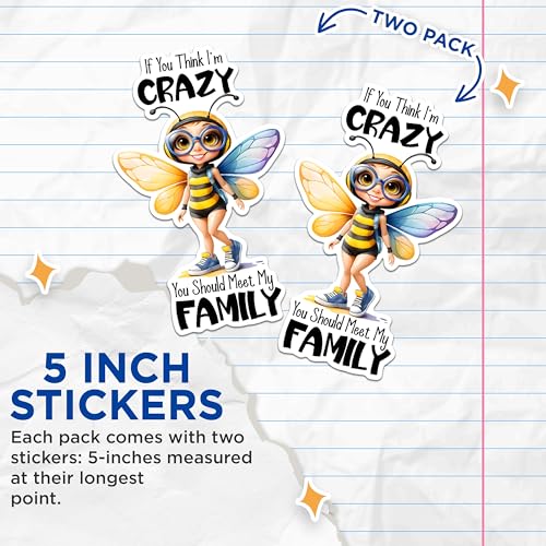 (2 Pack) Funny Crazy Family Stickers - Meet My Family Stickers - Humorous Bee Character Stickers - 5" On Longest Side - Sticks to Any Smooth Flat Surface - Made in USA - BMCS2934