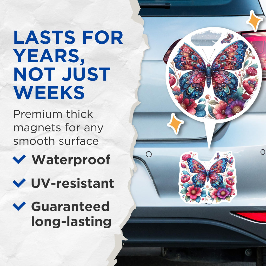 (2 Pack) Butterfly Magnets - Floral Design - Fridge Decor - 5" On Longest Side - Premium Magnet - for Cars, Refrigerators, Toolboxes, Lockers - Made in USA - MAG15660