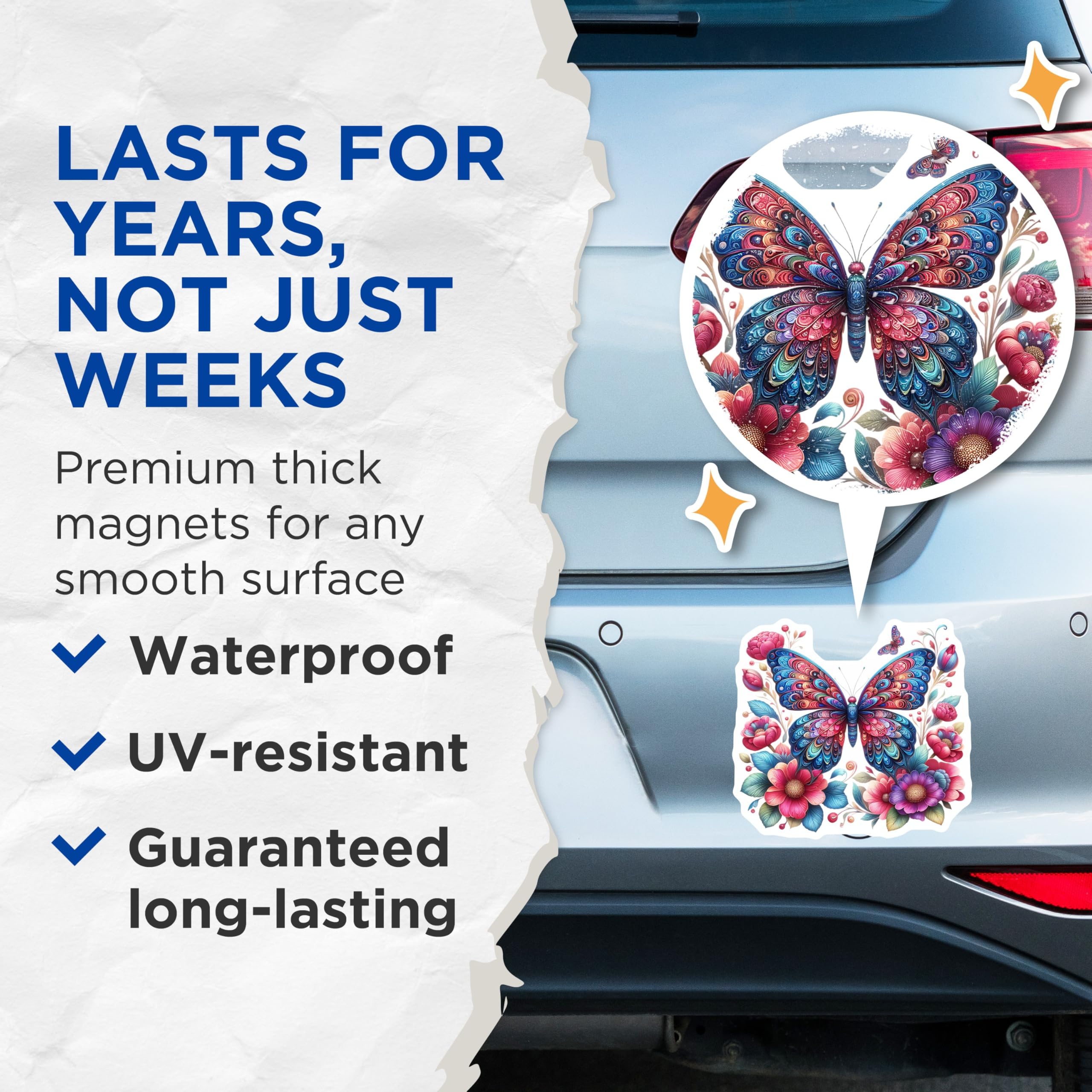 (2 Pack) Butterfly Magnets - Floral Design - Fridge Decor - 5" On Longest Side - Premium Magnet - for Cars, Refrigerators, Toolboxes, Lockers - Made in USA - MAG15660