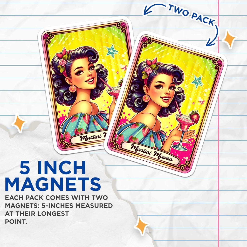 (2 Pack) Martini Maven Magnets - Retro Pin Up Girl Art - Strawberry Cocktail Accessories - 5 Inches On Longest Side - Thick Durable Magnet - Made in USA - MAG20748