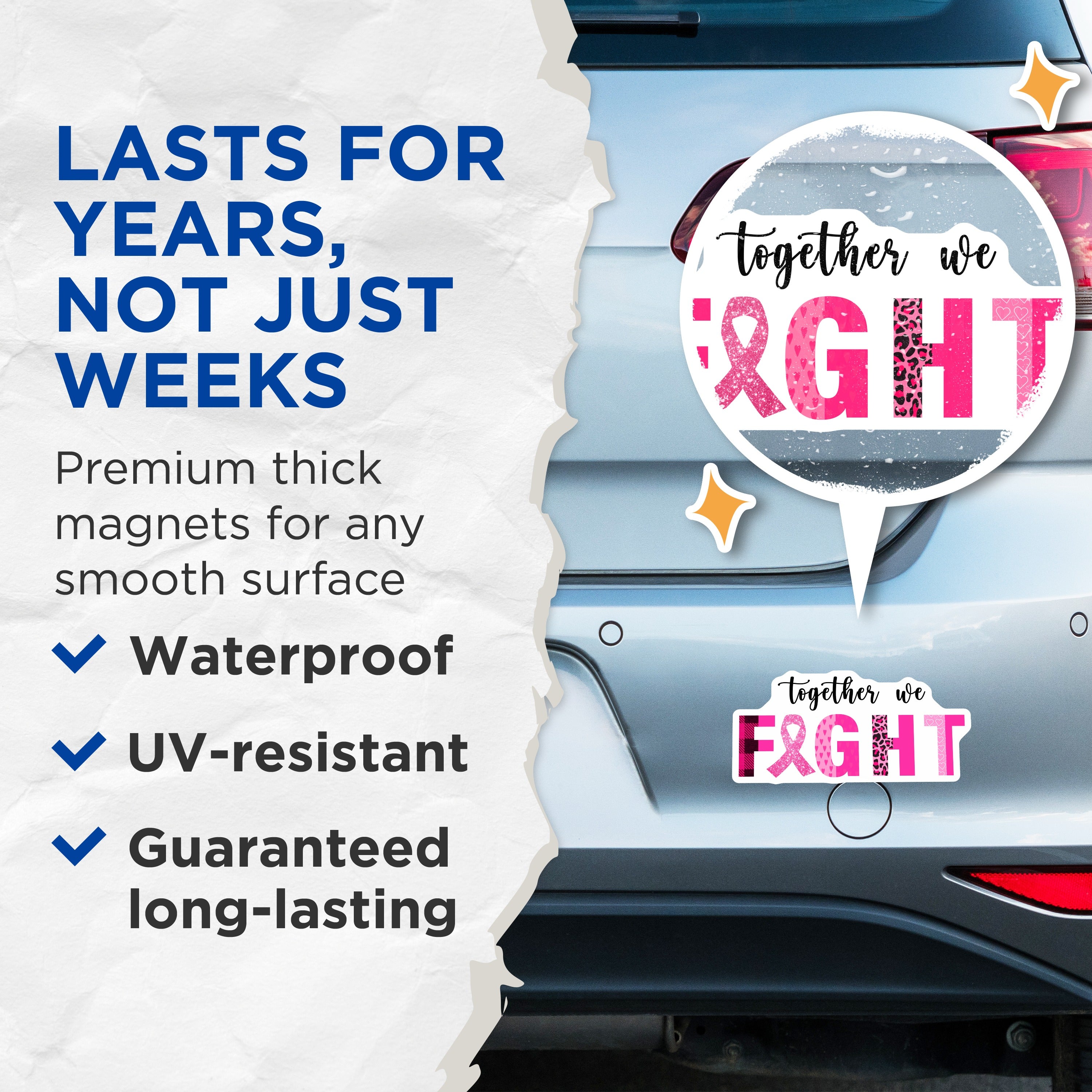 (2 Pack) Breast Cancer Awareness Magnets - Together We Fight Support - Pink Ribbon Survivor Warrior Advocate - 5 Inches On Longest Side - Thick Durable Magnet - Made in USA - MAG38467