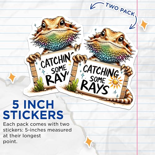 (2 Pack) Catching Some Rays Stickers - Colorful Lizard Art Stickers - Fun Reptile Decals - 5" On Longest Side - Sticks to Smooth Flat Surfaces - Made in USA - BMCS3732