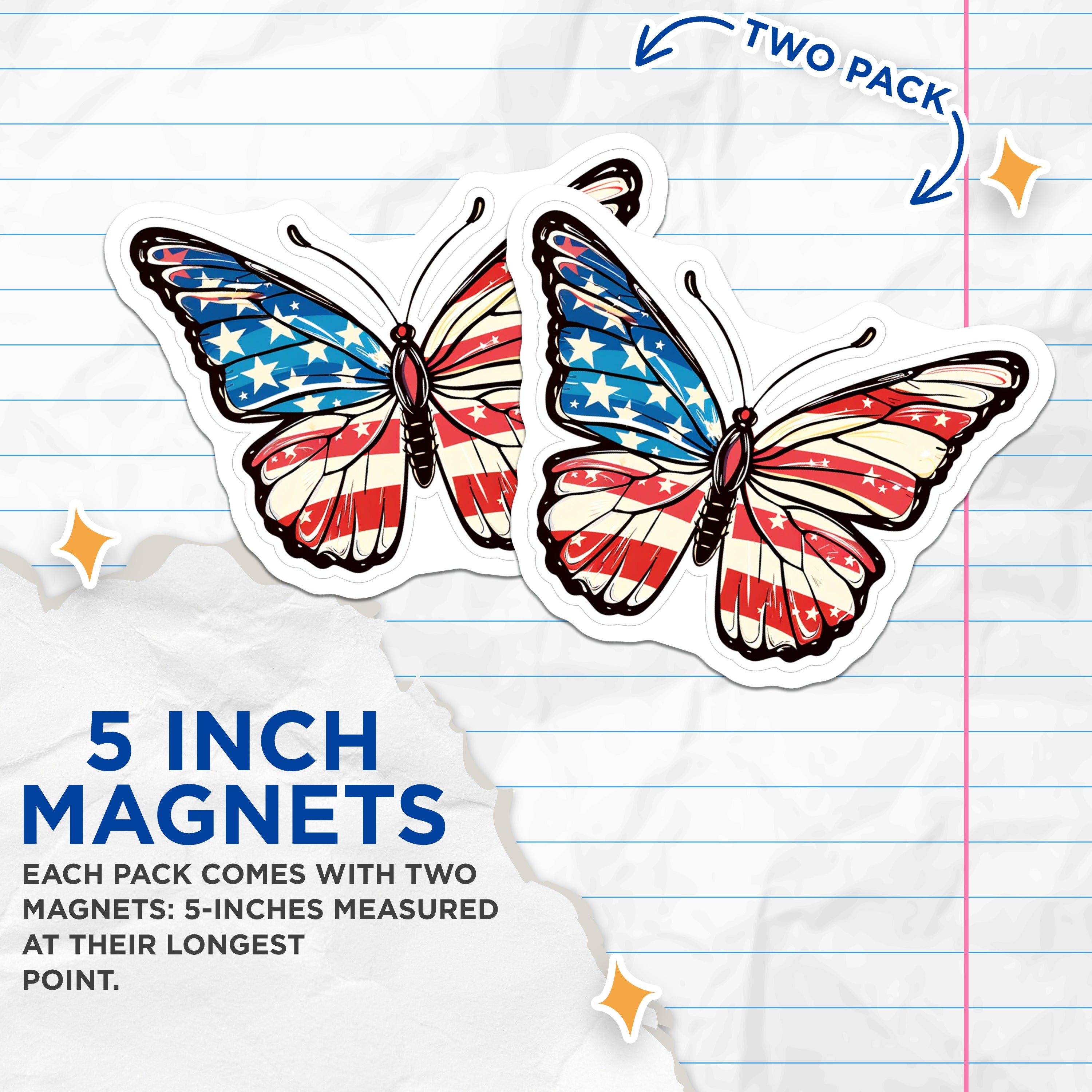 (2 Pack) American Flag Butterfly Magnets - Patriotic USA Decor - Independence Day Fridge Magnet - 5 Inches On Longest Side - Thick Durable Magnet - Made in USA - MAG37917