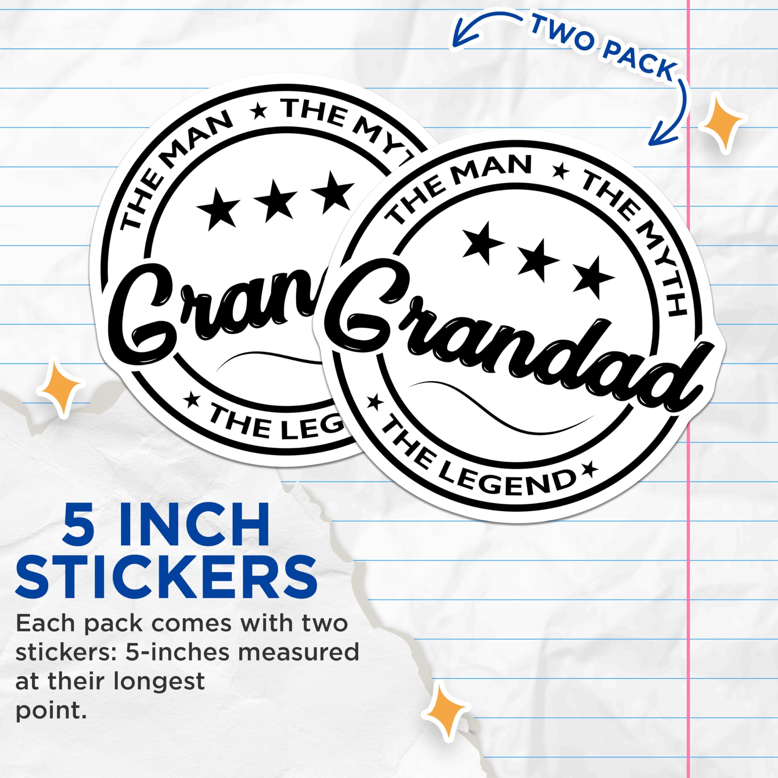 (2 Pack) Grandad Stickers - The Man The Myth The Legend Stickers - Grandfather Decal - Fun Grandpa Stickers - 5" On Longest Side - Sticks to Smooth Flat Surfaces - Made in USA - BMCS5057