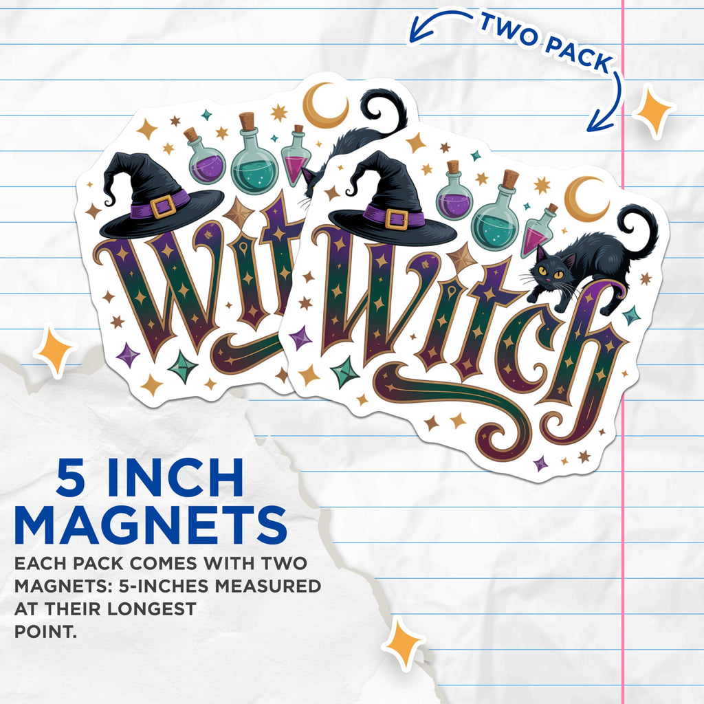 (2 Pack) Witchy Magnets - Black Cat Familiar Potion Bottles - Halloween Decor Gothic Fantasy Celestial Art Magnet Set - 5 Inches On Longest Side - Thick Durable Magnet - Made in USA - MAG22067
