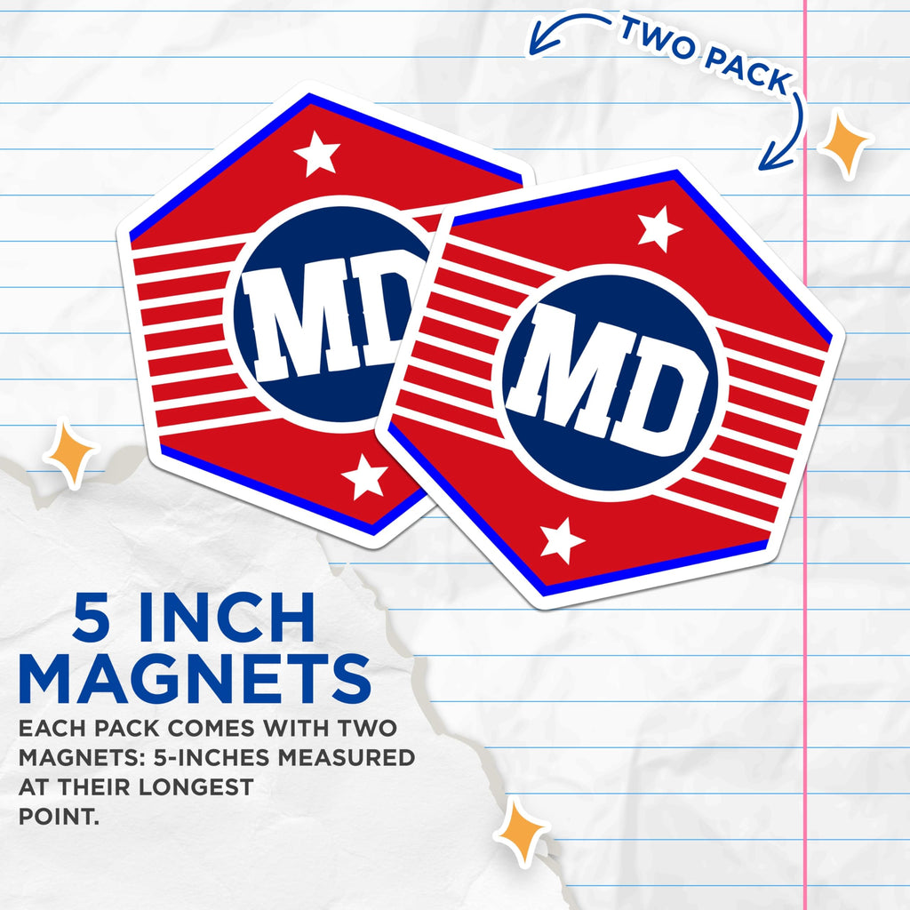 (2 Pack) MD Logo Magnets - Initial Design - Red White Blue Stars - 5" On Longest Side - Premium Magnet - for Cars, Refrigerators, Toolboxes, Lockers - Made in USA - MAG17735