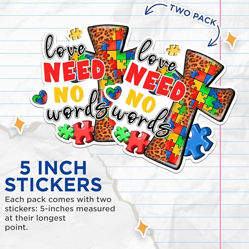 (2 Pack) Autism Awareness Stickers - Love Need No Words Stickers - Puzzle Pieces Cross Sticker - 5" On Longest Side - Sticks to Any Smooth Flat Surface - Made in USA - BMCS2980