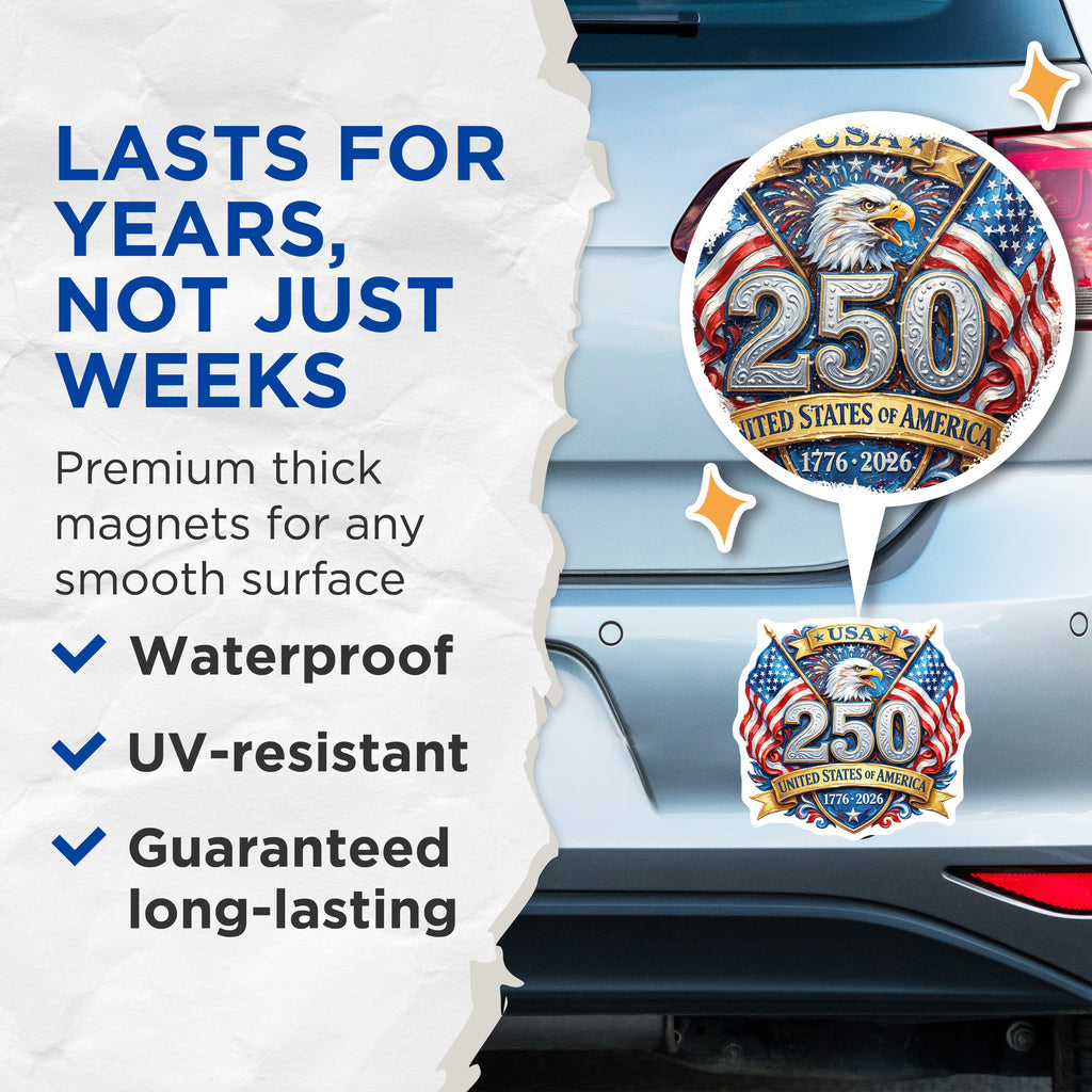 (2 Pack) USA 250th Anniversary Magnets - American Patriot Eagle Flag - United States History Decor - 5 Inches On Longest Side - Thick Durable Magnet - Made in USA - MAG38718