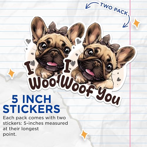 (2 Packs) I Woof You Pug Stickers - Decals - 5 Inches On Longest Side - Premium Vinyl Decal - Sticks to Any Smooth Flat Surface - Made in USA - BMCS2341