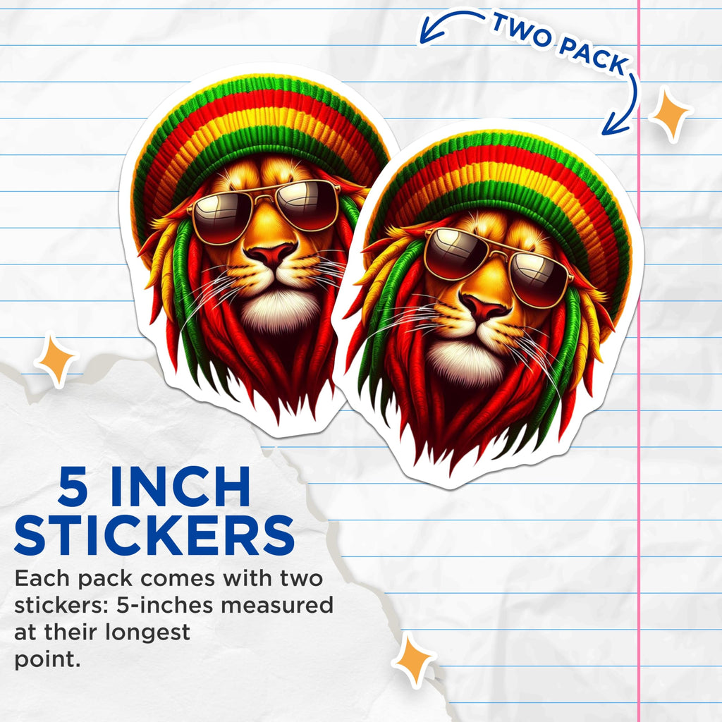 (2 Pack) Rasta Lion Stickers - Cool Lion Head - Reggae Lion Art Stickers - 5" On Longest Side - Sticks to Smooth Flat Surfaces - Made in USA - BMCS4385