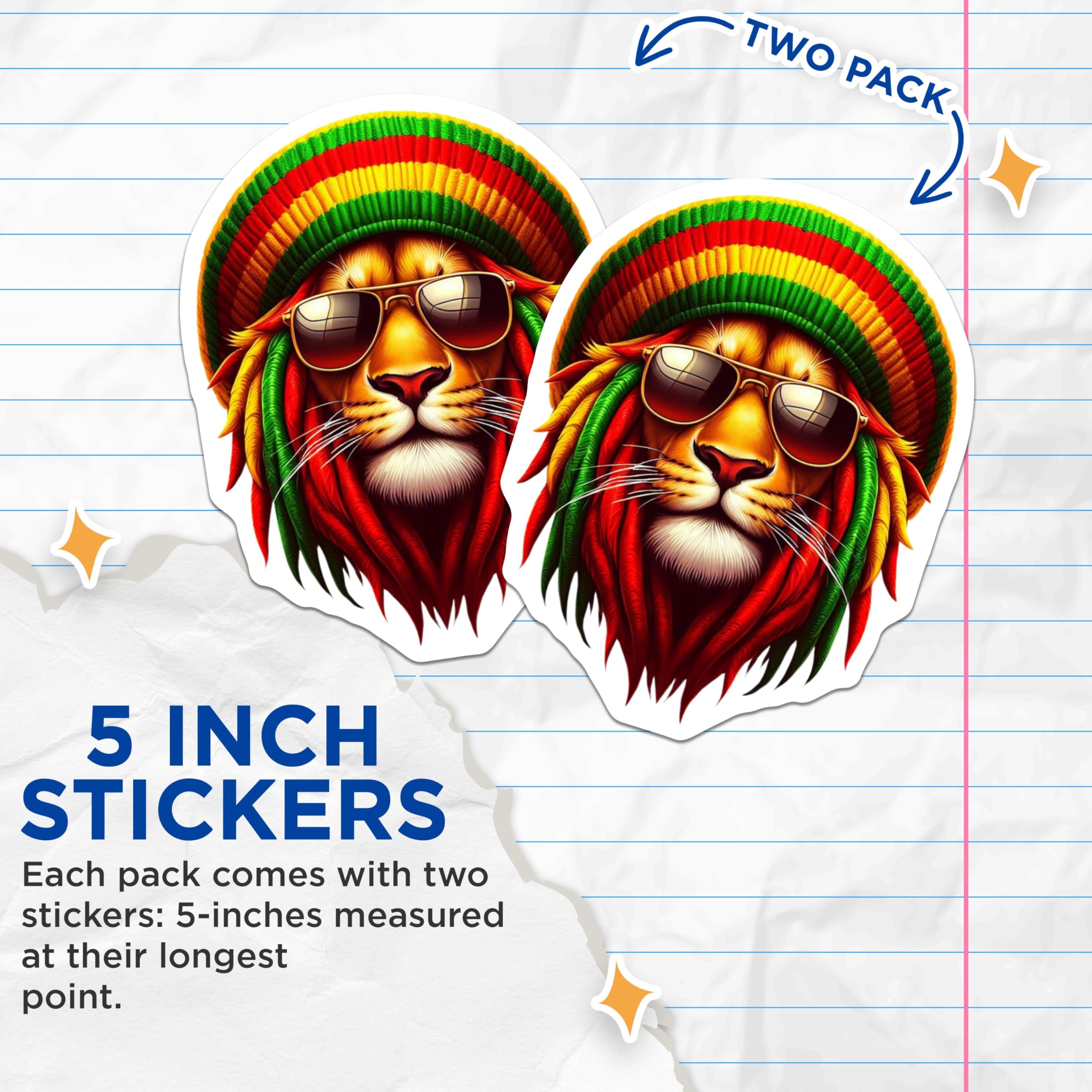 (2 Pack) Rasta Lion Stickers - Cool Lion Head - Reggae Lion Art Stickers - 5" On Longest Side - Sticks to Smooth Flat Surfaces - Made in USA - BMCS4385