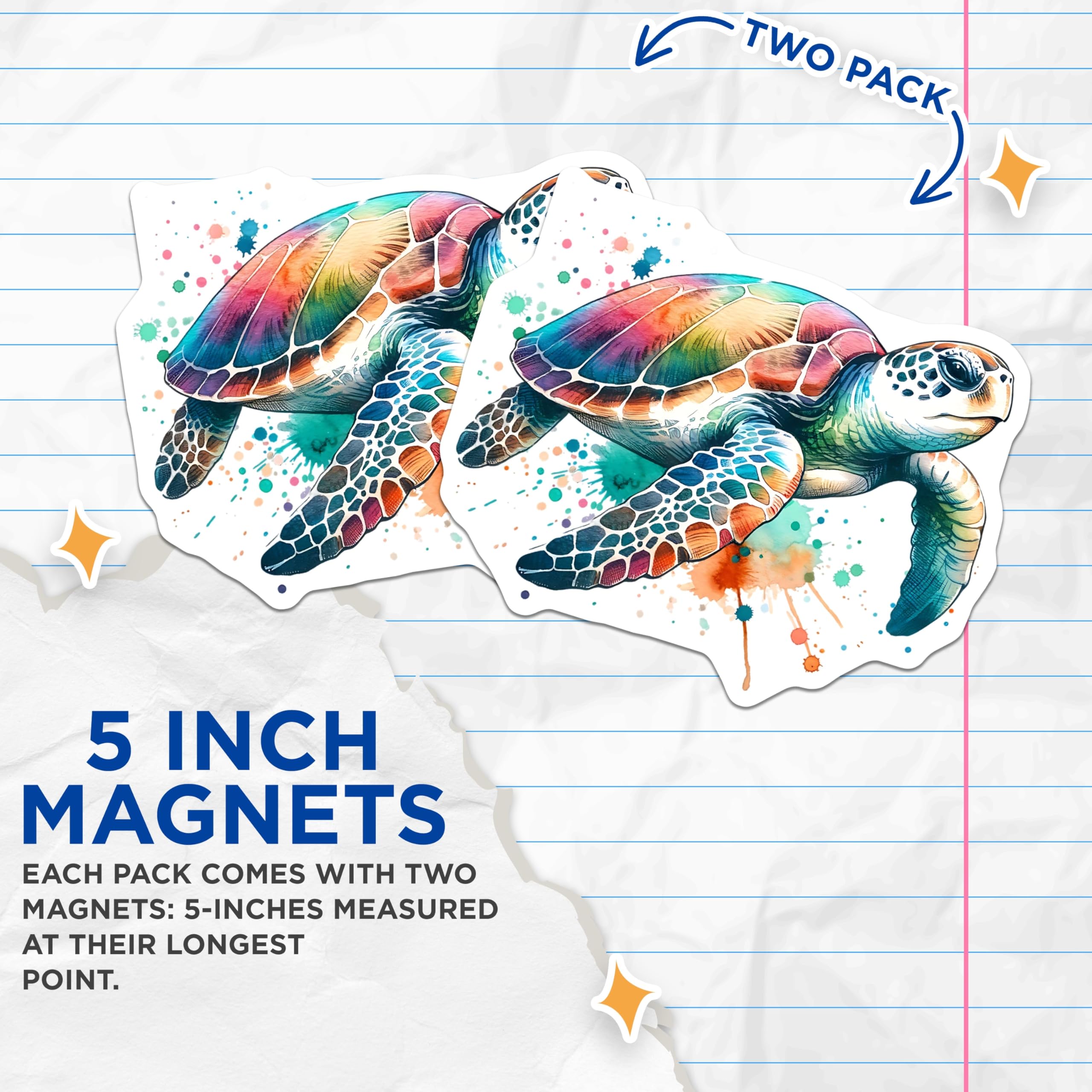 (2 Pack) Sea Turtle Magnets - Watercolor Turtle Art - Colorful Fridge Magnets - 5" On Longest Side - Premium Magnet - for Cars, Refrigerators, Toolboxes, Lockers - Made in USA - MAG15467
