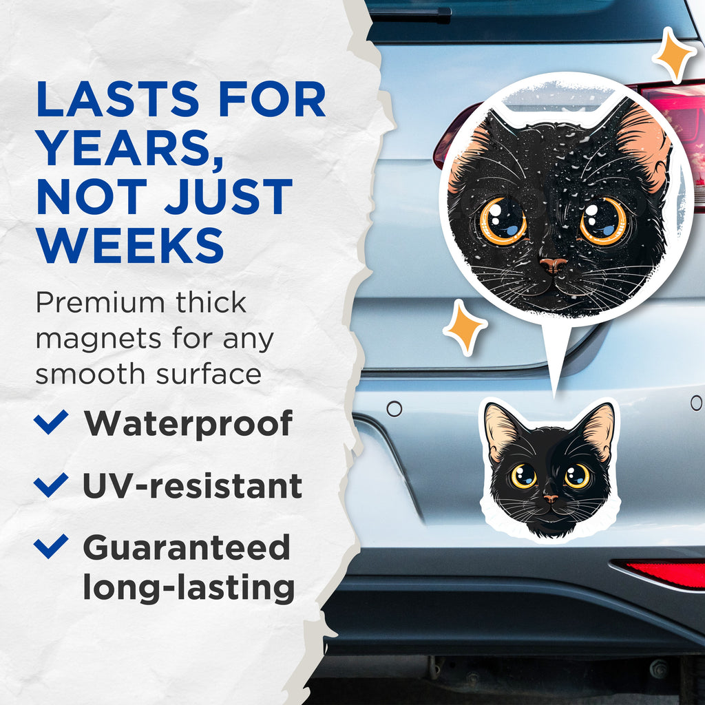 (2 Pack) Black Cat Magnets - Cute Kawaii Kitten Face Decor - Pet Lover Fridge Locker Whiteboard Magnets for Cat Owners - 5 Inches On Longest Side - Thick Durable Magnet - Made in USA - MAG39346