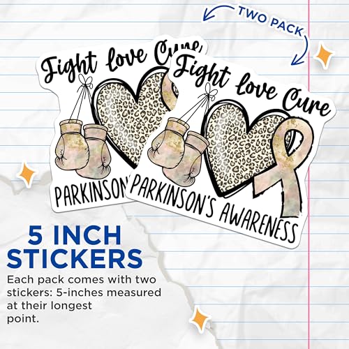 (2 Pack) Parkinson's Awareness Stickers - Fight Love Cure Stickers - Leopard Print Heart and Ribbon Stickers - 5" On Longest Side - Sticks to Smooth Flat Surfaces - Made in USA - BMCS4282