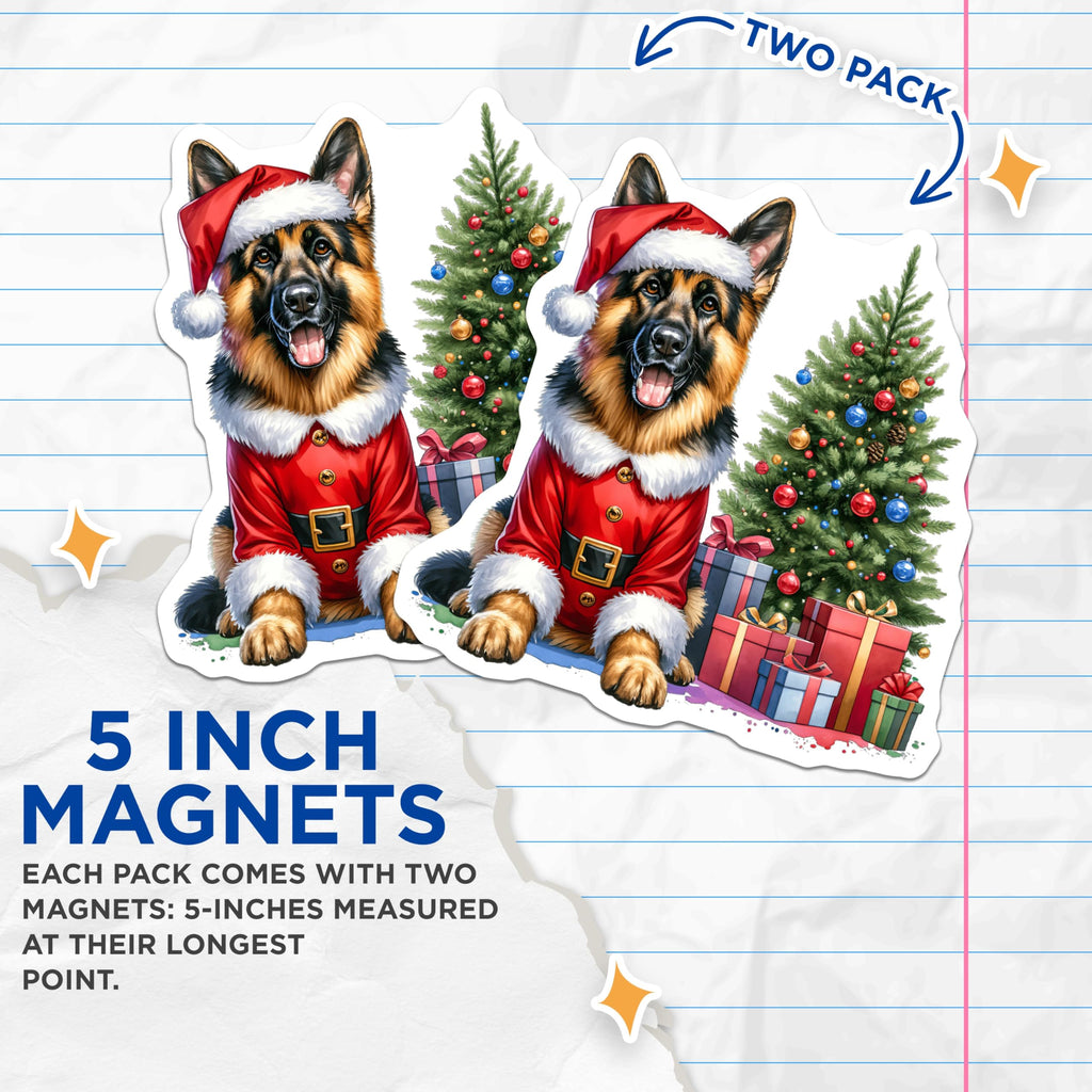 (2 Pack) German Shepherd Santa Dog Magnets - Cute Christmas Pet Decor - Holiday Animal Lover Fridge Accessory - 5 Inches On Longest Side - Thick Durable Magnet - Made in USA - MAG30657