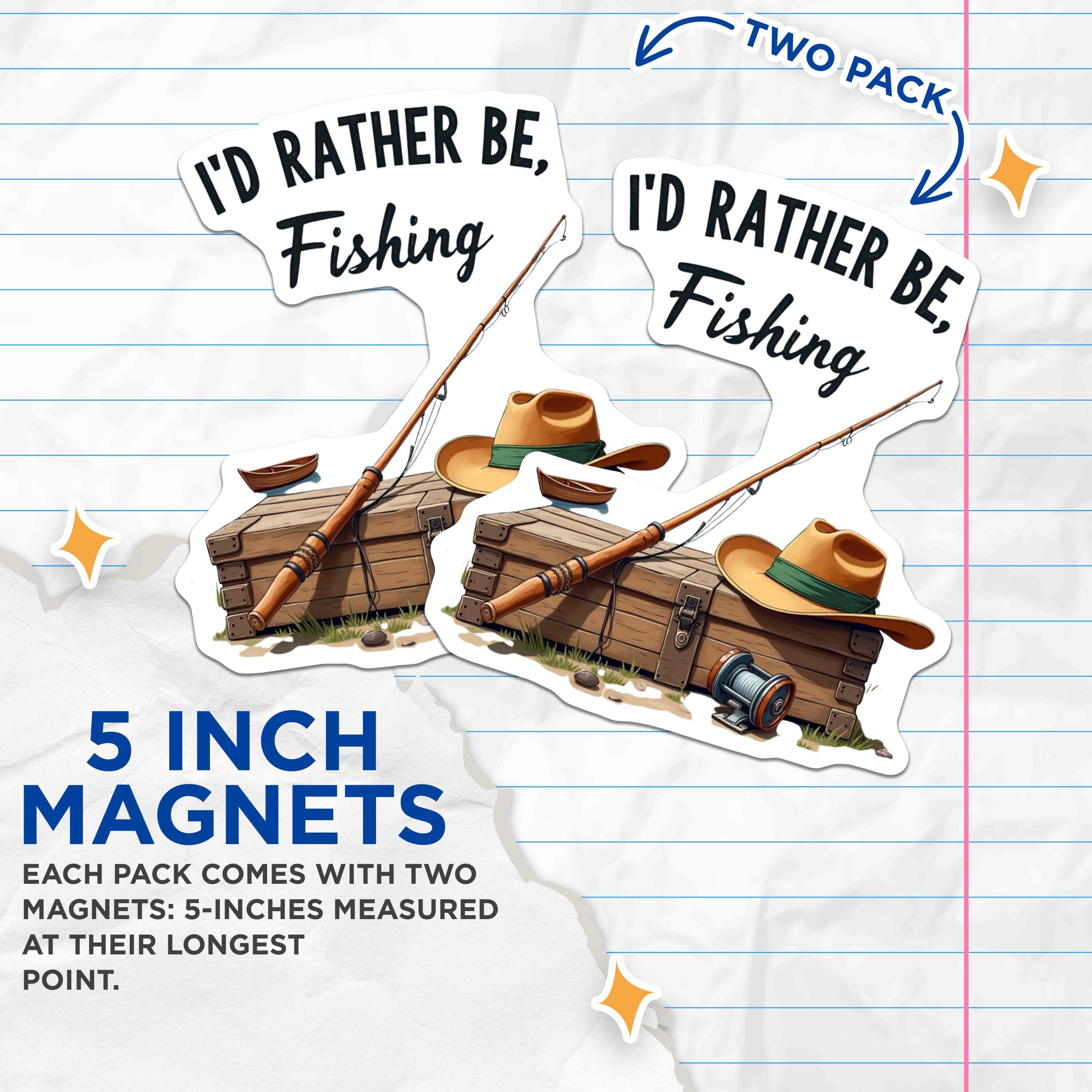 (2 Pack) Angler Hobby Magnets - I'd Rather Be Fishing Slogan - Outdoorsman Refrigerator Decor for Dad - 5 Inches On Longest Side - Thick Durable Magnet - Made in USA - MAG36150