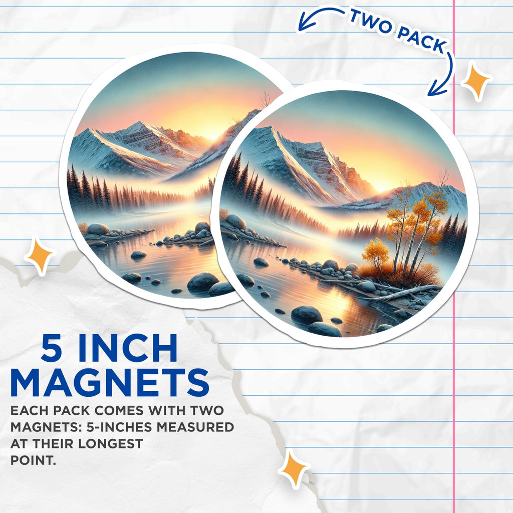 (2 Pack) Mountain Lake Magnets - Snowy Peaks Art - Scenic Landscape Decor - 5" On Longest Side - Premium Magnet - for Cars, Refrigerators, Toolboxes, Lockers - Made in USA - MAG18020