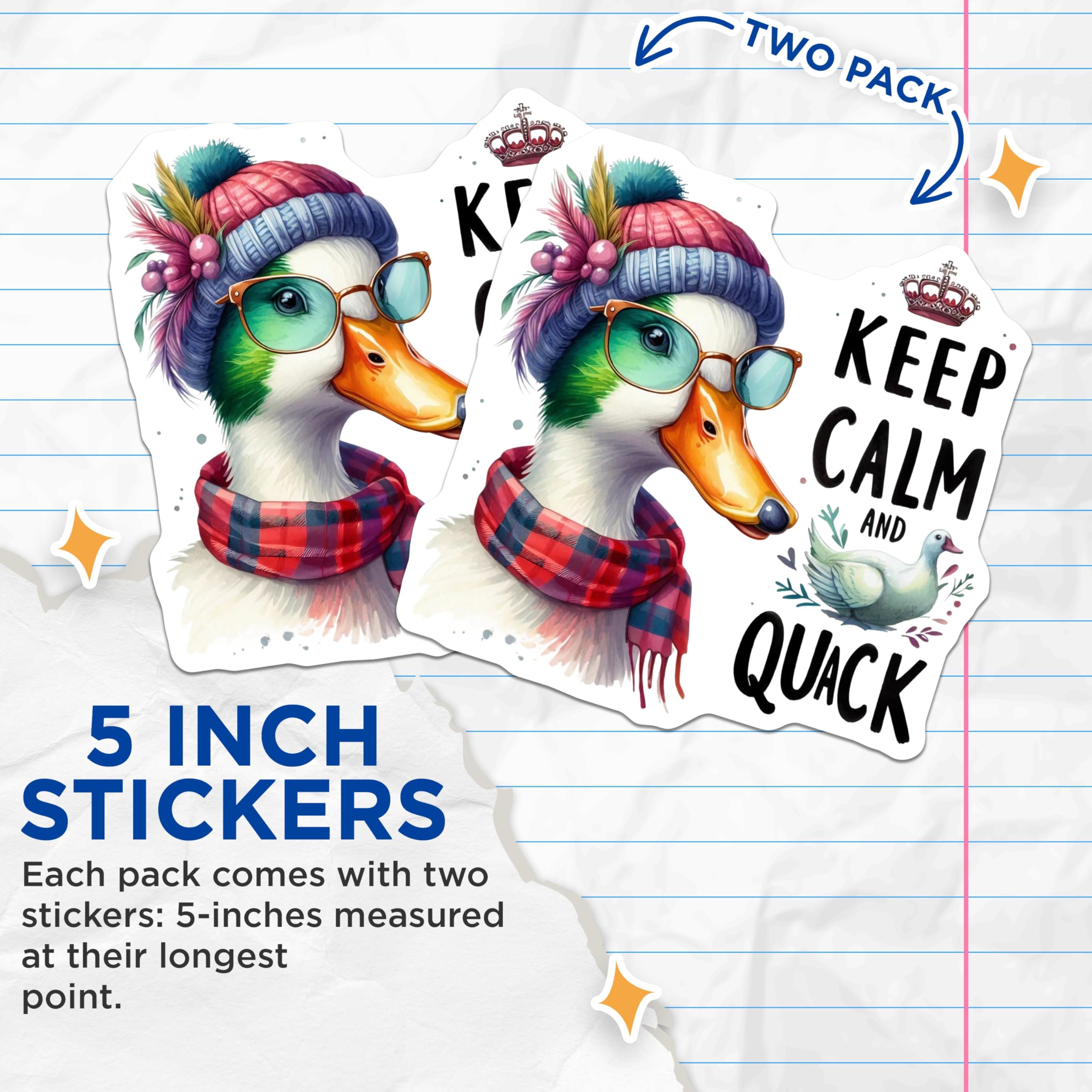 (2 Pack) Keep Calm and Quack Stickers - Funny Duck Sticker - Cute Animal Stickers for Hydro Flask Laptop - 5" On Longest Side - Sticks to Smooth Flat Surfaces - Made in USA - BMCS6364
