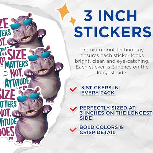 (3 Pack) Funny Hippo Decals - Attitude Matters - Laptop Decal - Animal Stickers - 3 Inches On Longest Side - Easy Peel & Apply - Made in USA - 3MCS0909