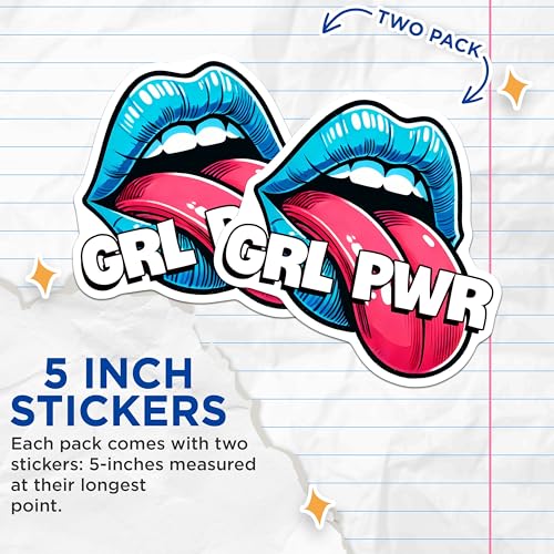 (2 Pack) GRL PWR Stickers - Empowerment Decals - Lips and Tongue Graphic - 5" On Longest Side - Sticks to Smooth Flat Surfaces - Made in USA - BMCS8353