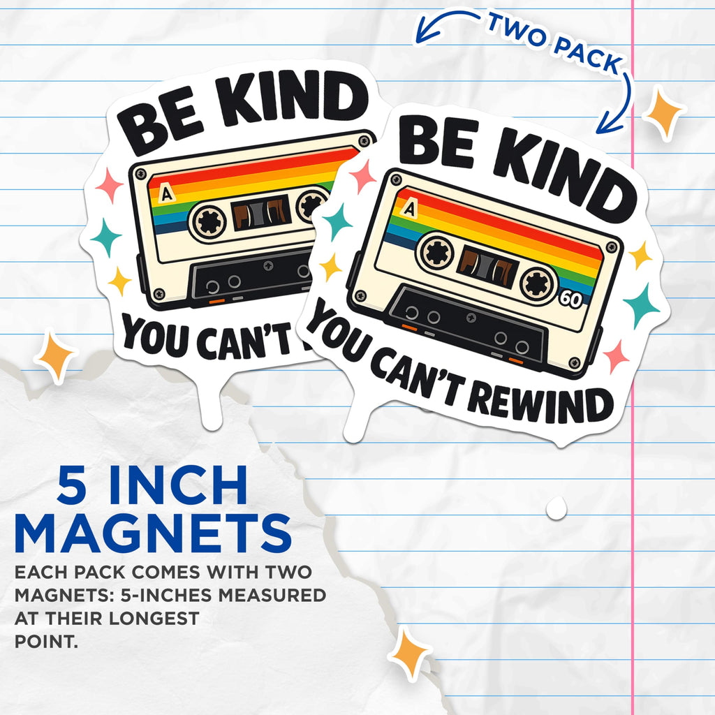 (2 Pack) Be Kind Cassette Magnets - Retro Audio Tape - Inspirational Message Decor - 5 Inches On Longest Side - Thick Durable Magnet - Made in USA - MAG20938
