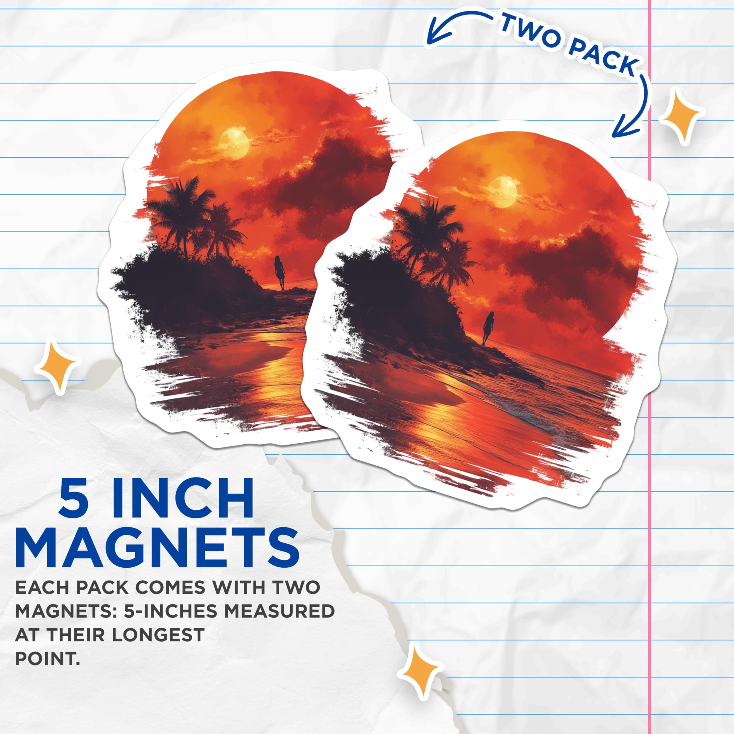 (2 Pack) Sunset Beach Magnets - Tropical Ocean Art - Wanderlust Decor - Red Sky Landscape - Serene Ocean View - 5 Inches On Longest Side - Thick Durable Magnet - Made in USA - MAG28673