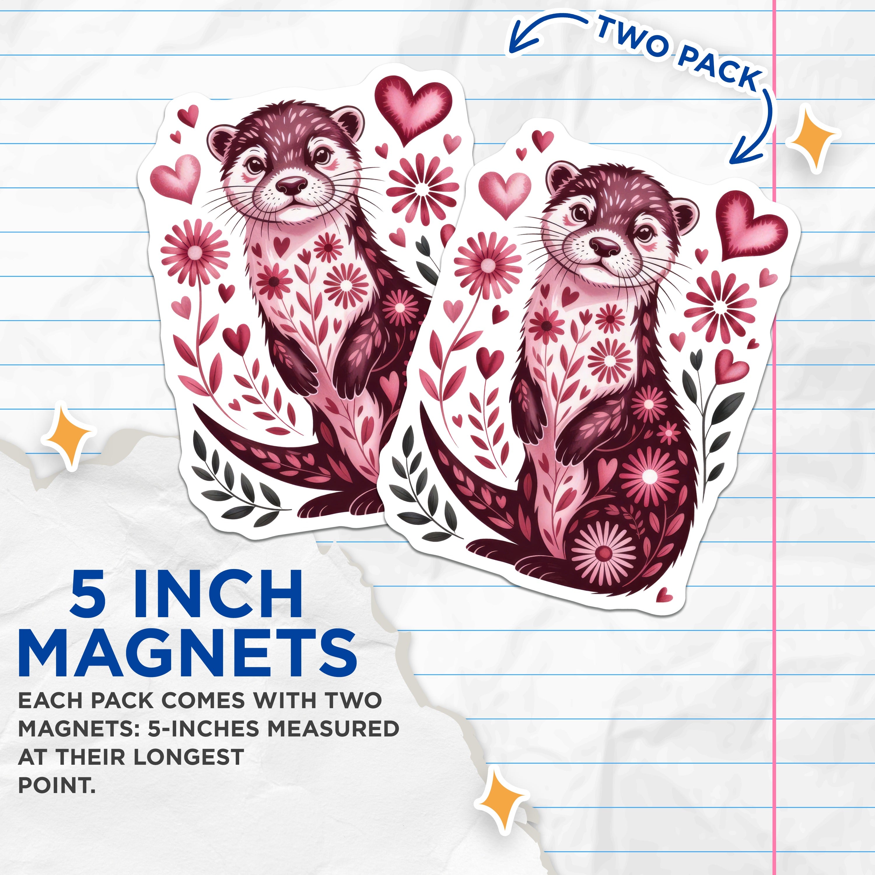 (2 Pack) Whimsical Otter Magnets - Floral Animal Art - Cute Valentine's Day Fridge Magnets - Nature Lover Decor - 5 Inches On Longest Side - Thick Durable Magnet - Made in USA - MAG36063