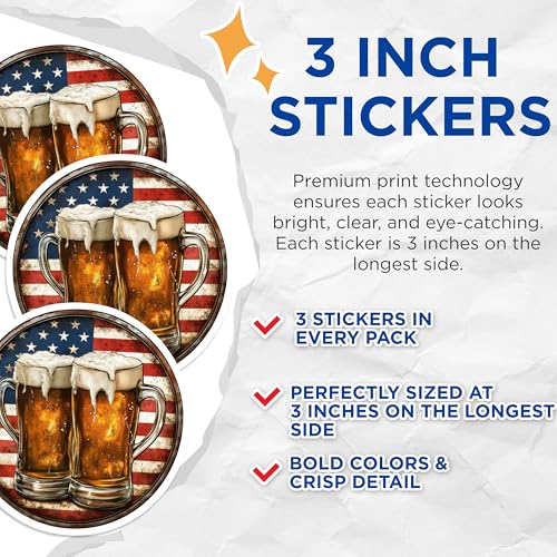 (3 Pack) American Beer Decals - USA Flag - Patriotic Drink Stickers - 3 Inches On Longest Side - Easy Peel & Apply - Made in USA - 3MCS8197