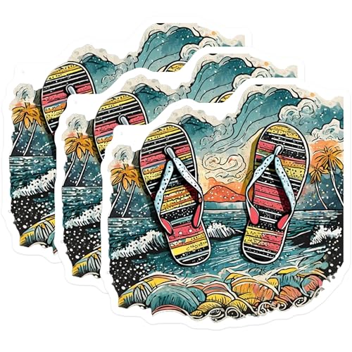 (3 Pack) Flip Flop Decals - Beach Theme Art - Summer Vibes Sticker - 3 Inches On Longest Side - Easy Peel & Apply - Made in USA - 3MCS8081