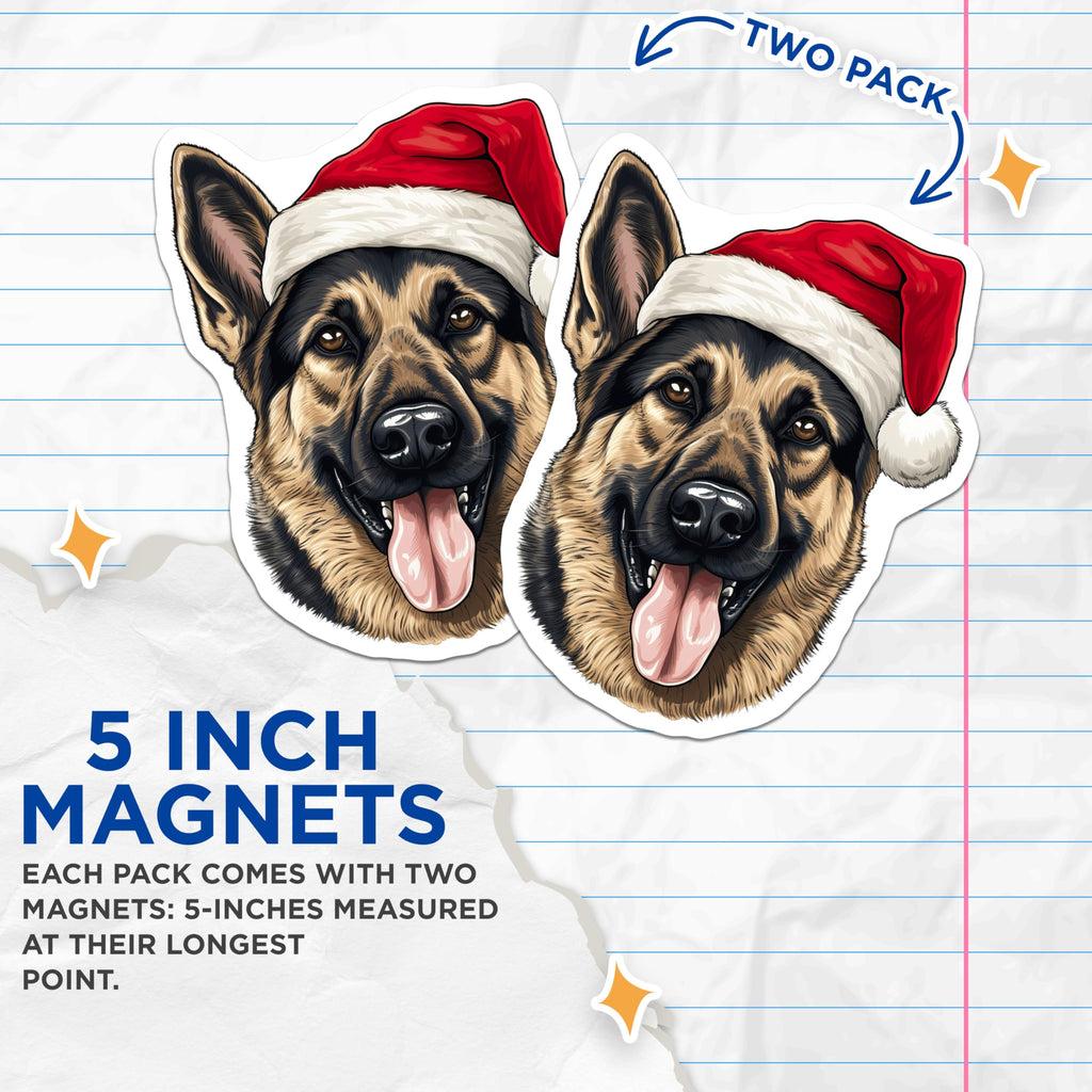 (2 Pack) German Shepherd Christmas Magnets - Holiday Dog Lover Decor - Pet Parent Festive Canine Item - 5 Inches On Longest Side - Thick Durable Magnet - Made in USA - MAG29686
