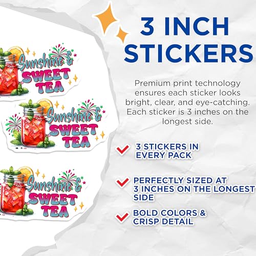 (3 Pack) Sunshine and Sweet Tea Decals - Iced Tea Drink - Summer Beverage Decal - 3 Inches On Longest Side - Easy Peel & Apply - Made in USA - 3MCS7075