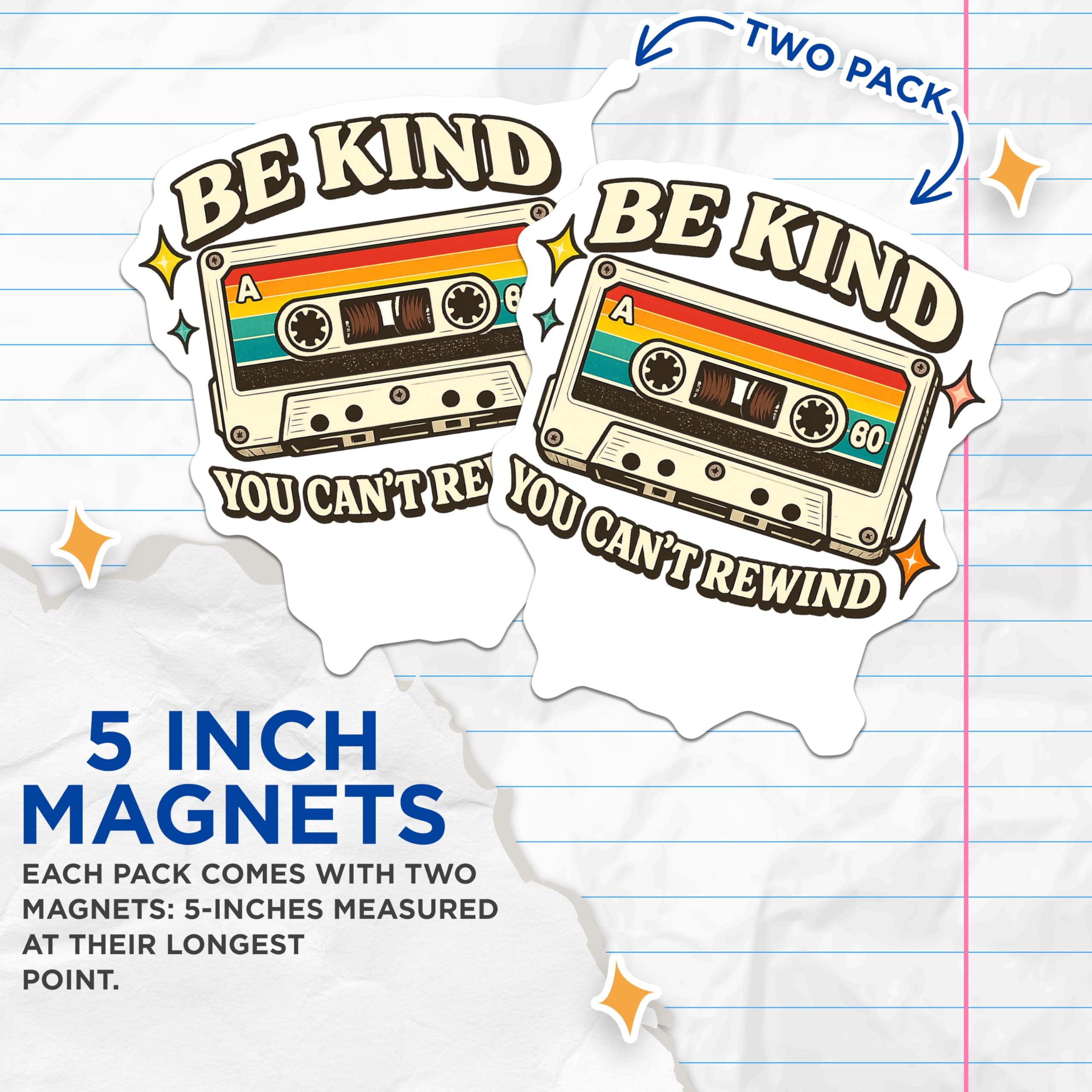 (2 Pack) Be Kind You Cant Rewind Magnets - Old School Cassette Player - Kindness Motivation Refrigerator Art - 5 Inches On Longest Side - Thick Durable Magnet - Made in USA - MAG22776