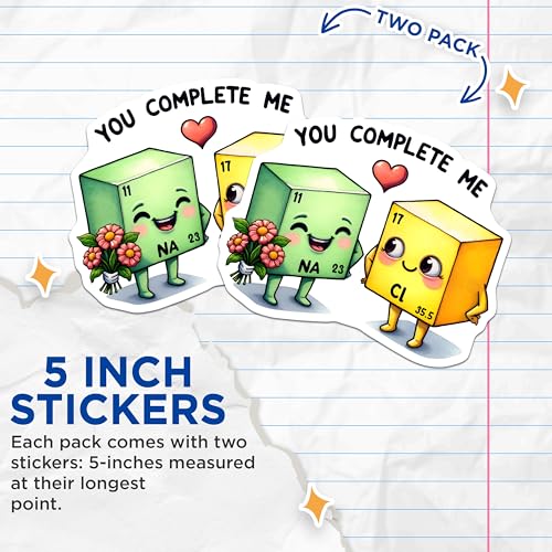 (2 Pack) Cute Chemistry Stickers - NaCl Molecule - Periodic Table Decor - 5" On Longest Side - Sticks to Smooth Flat Surfaces - Made in USA - BMCS8013