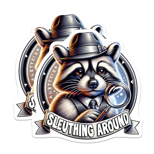 (2 Pack) Detective Raccoon Sleuthing Stickers - Cute Animal Detective Art - Adorable Raccoon Theme Stickers - 5" On Longest Side - Sticks to Smooth Flat Surfaces - Made in USA - BMCS4540