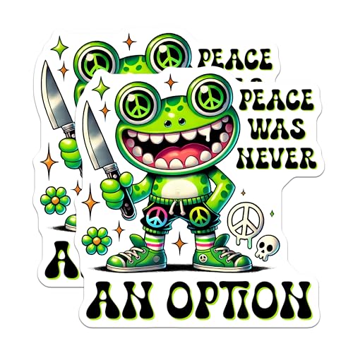 (2 Pack) Funny Frog Stickers - Peace was Never an Option - Cute and Quirky for Laptops - Water Bottle Decoration - 5" On Longest Side - Sticks to Smooth Flat Surfaces - Made in USA - BMCS7606