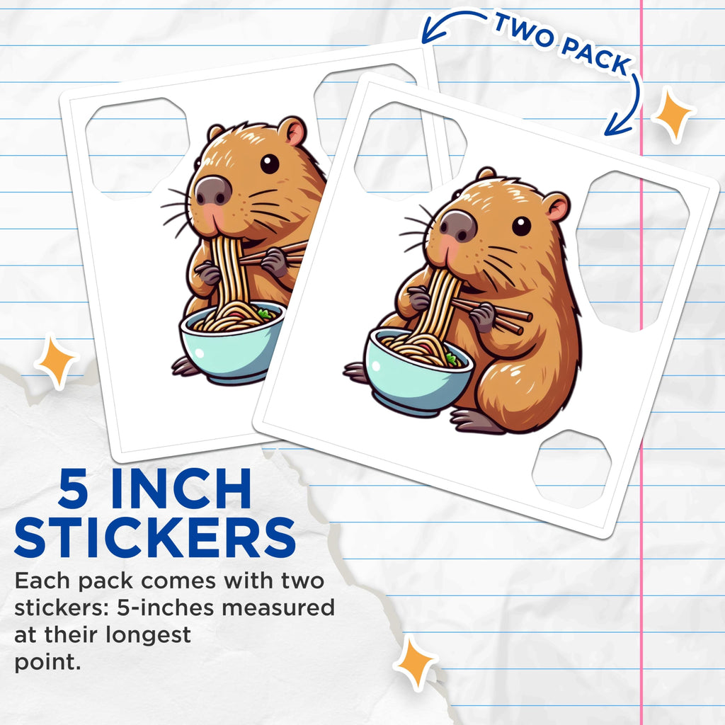 (2 Pack) Cute Animal Eating Noodles Stickers - Cartoon Animal - Kawaii Sticker for Water Bottles and Notebooks - 5" On Longest Side - Sticks to Smooth Flat Surfaces - Made in USA - BMCS9918