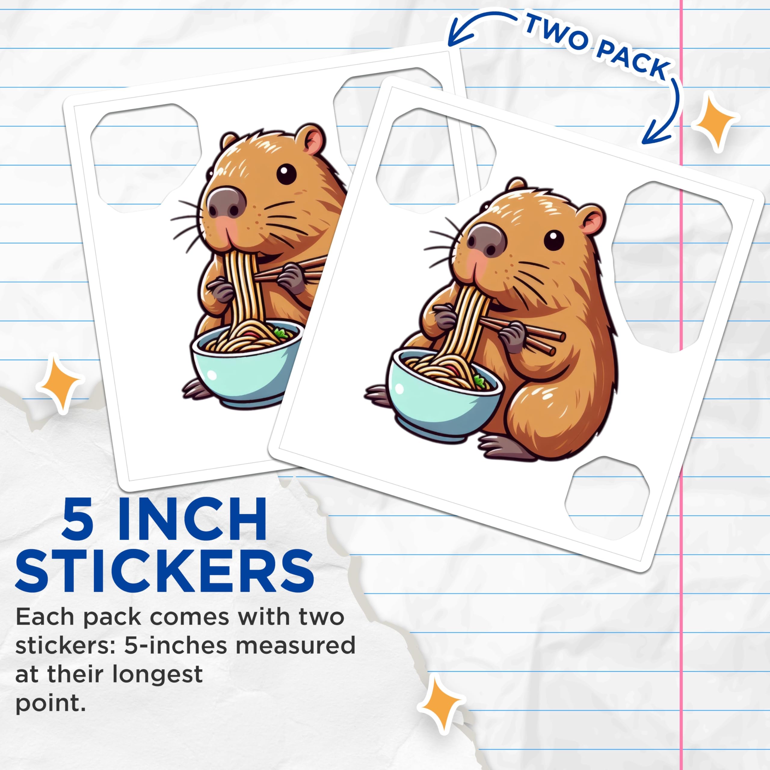(2 Pack) Cute Animal Eating Noodles Stickers - Cartoon Animal - Kawaii Sticker for Water Bottles and Notebooks - 5" On Longest Side - Sticks to Smooth Flat Surfaces - Made in USA - BMCS9918