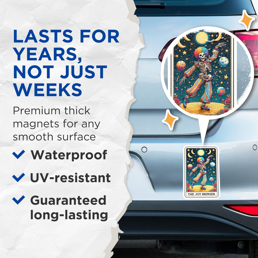 (2 Pack) Rainbow Clown Skeleton Magnets - Joy Bringer Tarot Art - Whimsical Celestial Decor - 5 Inches On Longest Side - Thick Durable Magnet - Made in USA - MAG23129