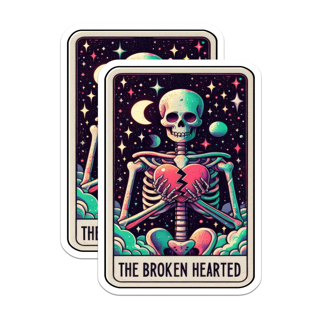 (2 Pack) The Broken Hearted Stickers - Skeleton Holding Heart Stickers - Cool Skeleton Stickers - 5" On Longest Side - Sticks to Smooth Flat Surfaces - Made in USA - BMCS5360