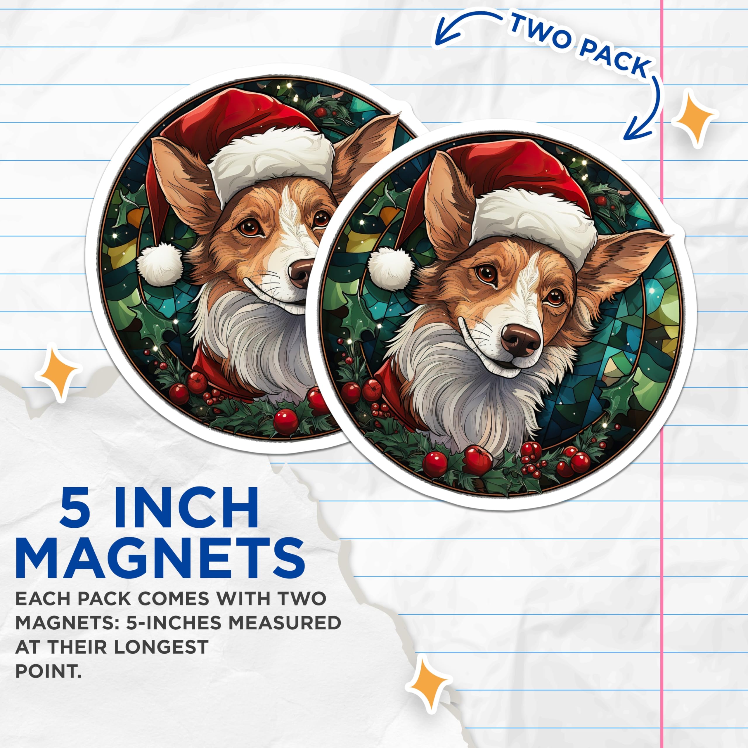 (2 Pack) Christmas Corgi Magnets - Festive Pet Lover Decor - Winter Stained Glass Dog Art - 5 Inches On Longest Side - Thick Durable Magnet - Made in USA - MAG25768