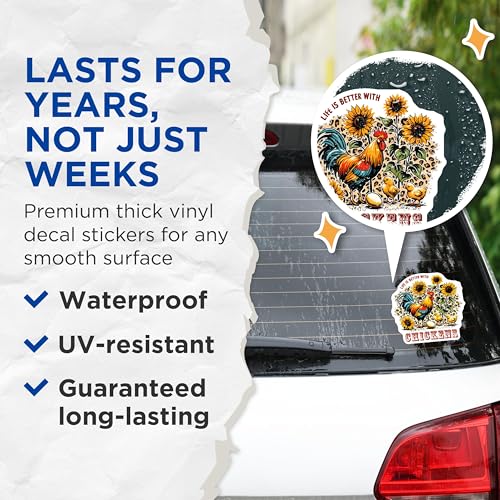 (2 Pack) Life is Better with Chickens Stickers - Sunflower Chick Stickers - Cute Rooster Floral Stickers - 5" On Longest Side - Sticks to Smooth Flat Surfaces - Made in USA - BMCS9658
