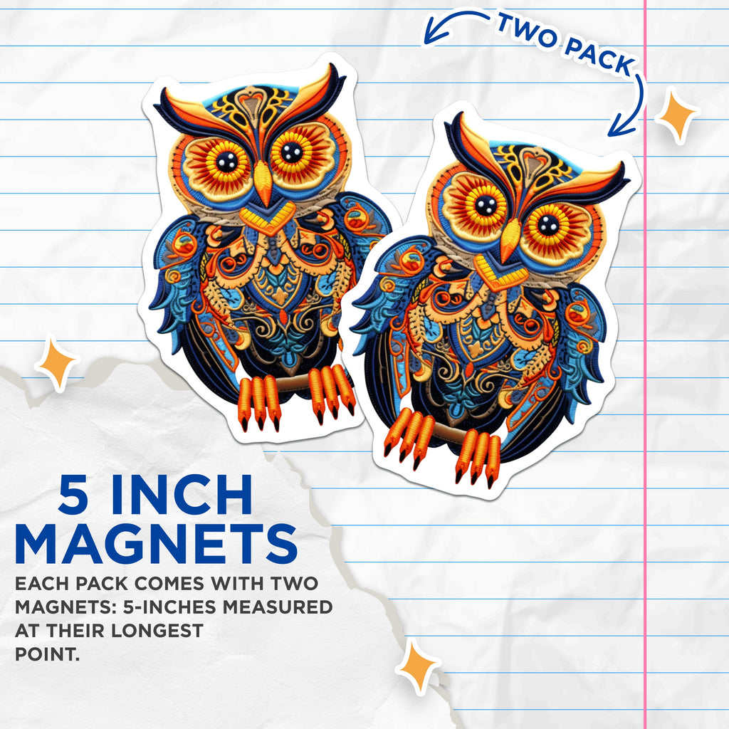 (2 Pack) Bohemian Owl Magnets - Colorful Folk Art - Wisdom Bird Decor - Fridge Locker Accent - 5 Inches On Longest Side - Thick Durable Magnet - Made in USA - MAG36560